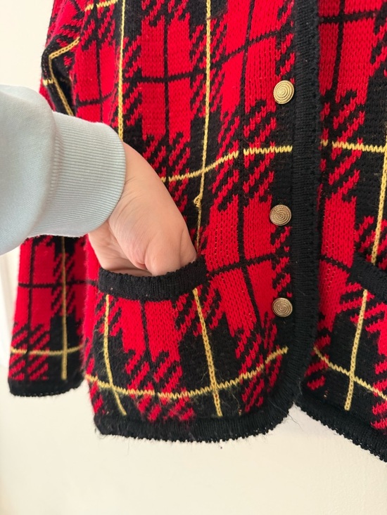 Vintage Tally Ho Red Plaid Knit Jacket with Black Trim 1980s Womens Medium - Picture 9 of 14